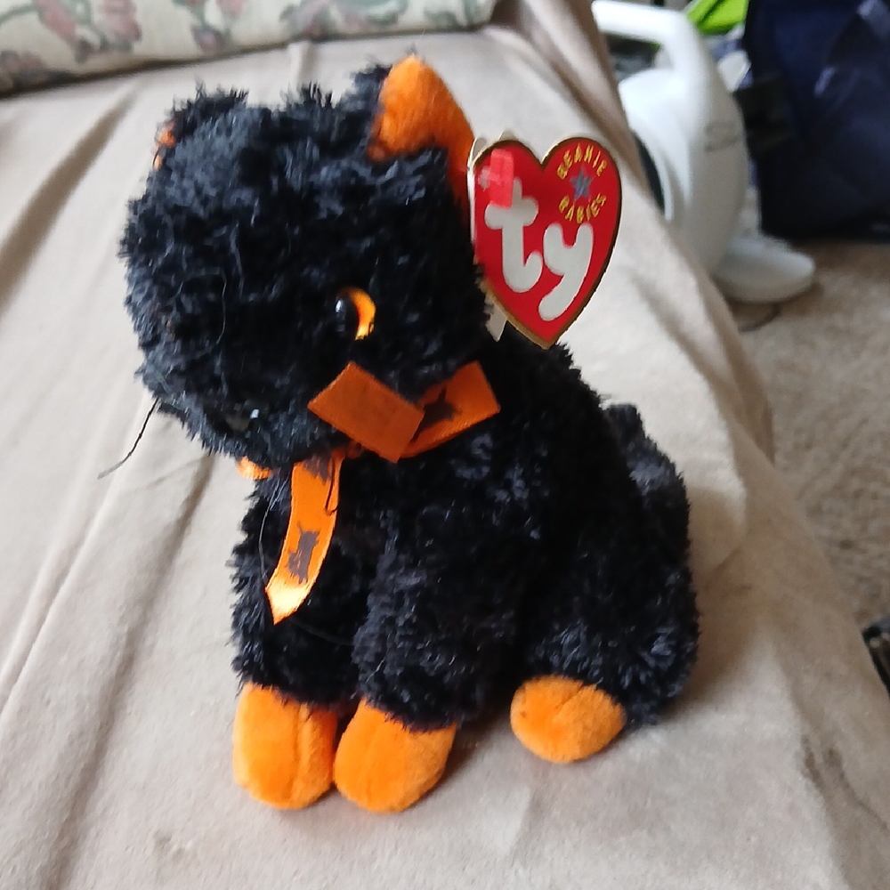 Ty Beanie Babies Black Cat Plush with Orange Accents